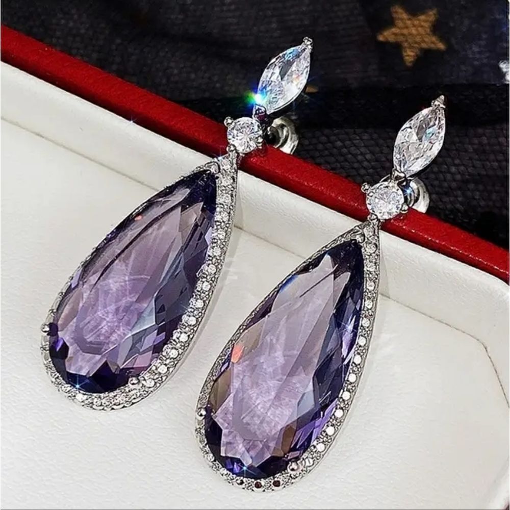 NEW Purple Teardrop Stone Diamond Earrings